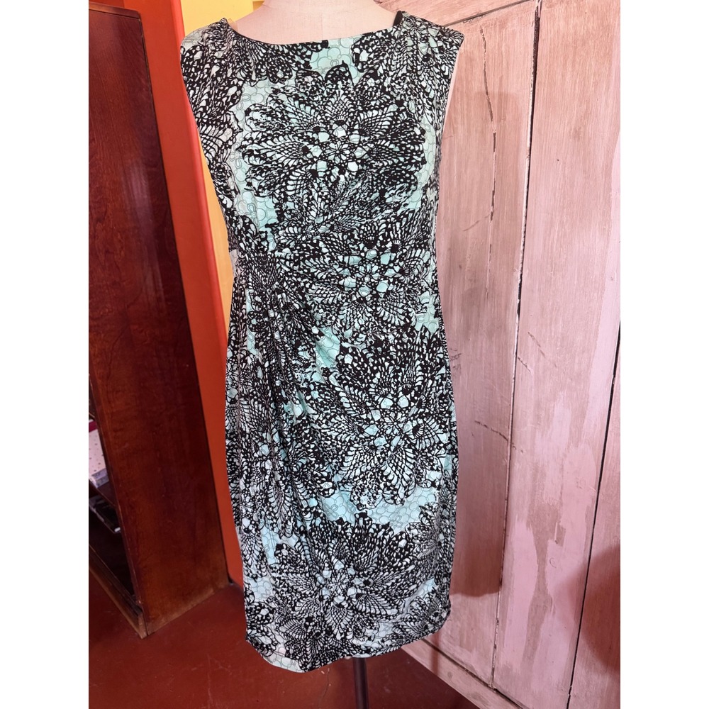 Connected Apparel Womens 8P Mint Green Black Lace Print Ruched Sheath Dress
